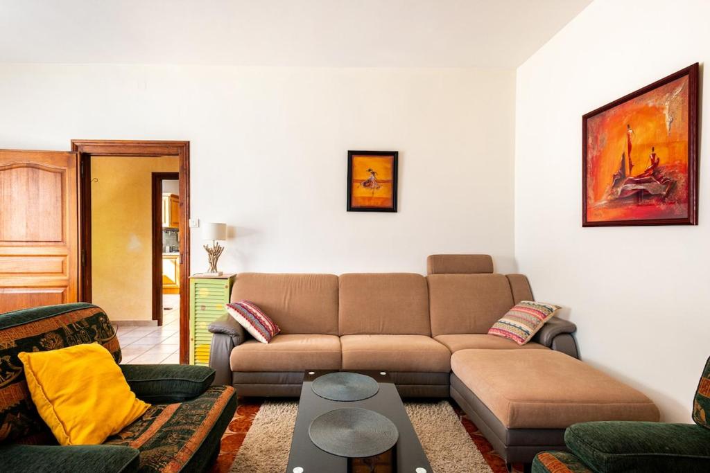 un salon avec un canapé et une table dans l'établissement Large house in southern Burgundy, à Lalheue