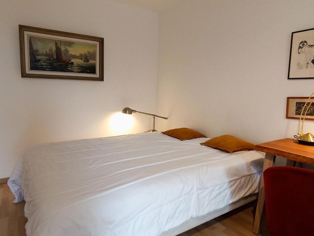 een slaapkamer met een wit bed, een bureau en een lamp bij Cozy independent studio in Roussillon en Isere