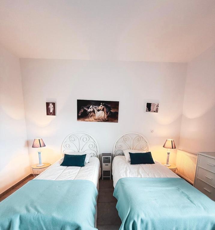 deux lits jumeaux dans une chambre avec deux lampes dans l'établissement Charmant studio dans une ecurie en Touraine, à Saint-Roch