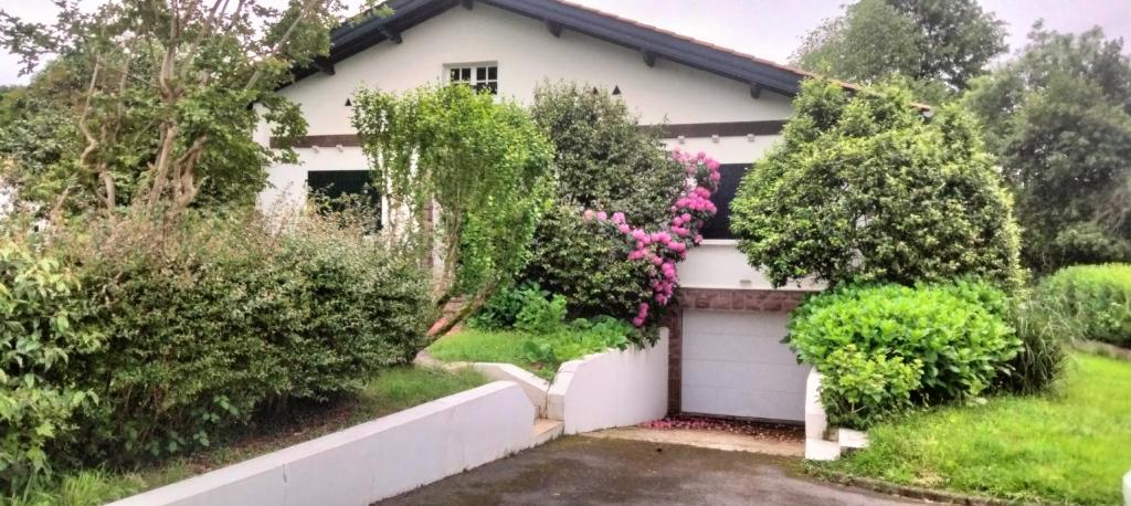 a white house with bushes and a garage at Maison familiale au calme in Saint-Pée-sur-Nivelle