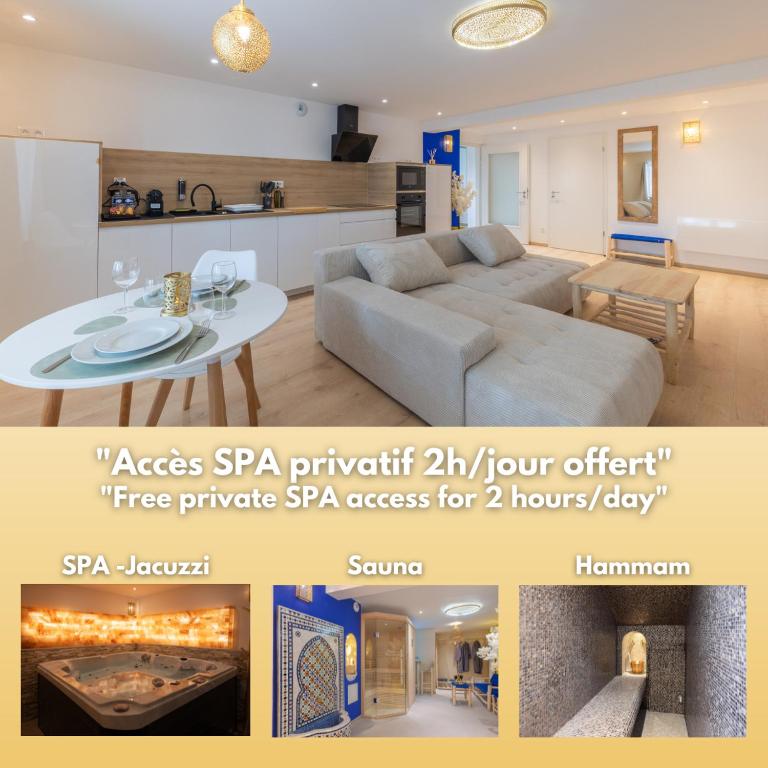 - un coin salon avec un canapé et une table dans l'établissement L'Andalouse - SPA Privatif - Jacuzzi Hammam Sauna, à Mittelhausbergen
