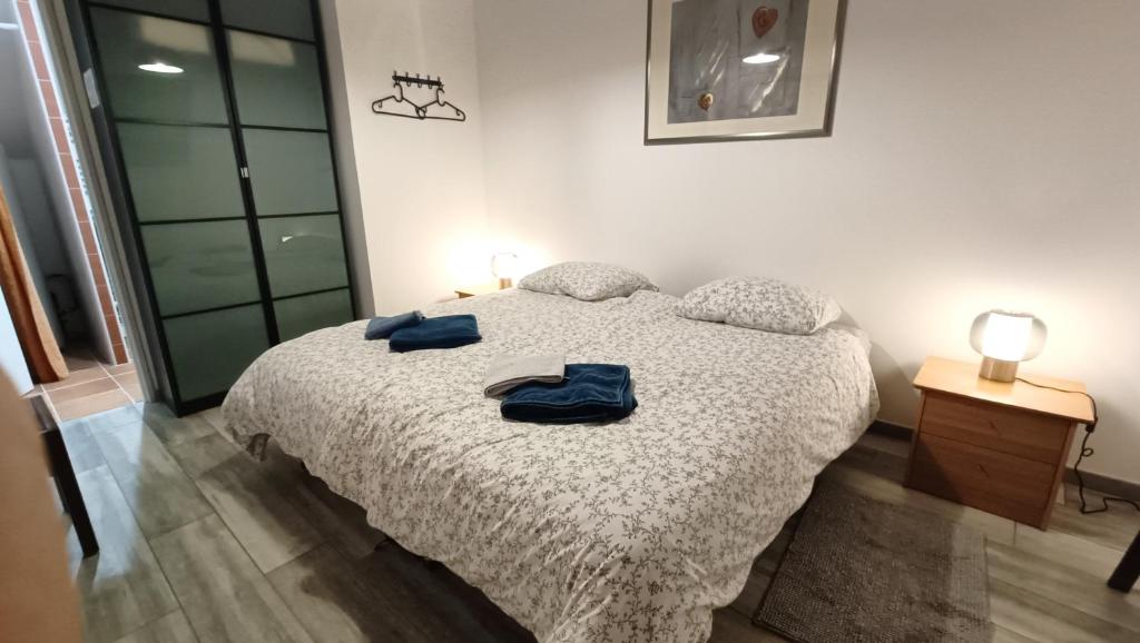 une chambre avec un lit avec deux serviettes bleues dessus dans l'établissement La Grange à outeaux, à Montpont-en-Bresse