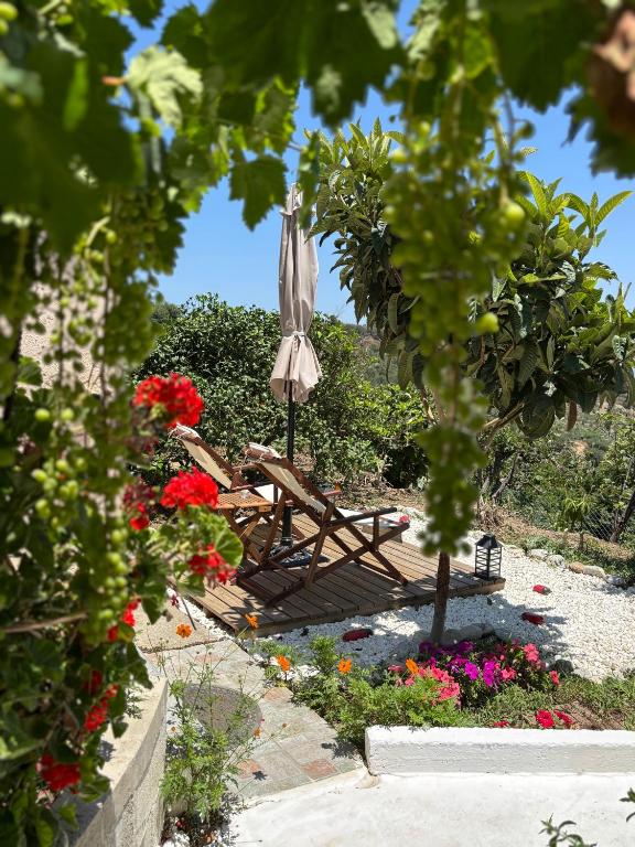 an umbrella and bench in a garden with flowers at The Garden House, Sitia in Sitia