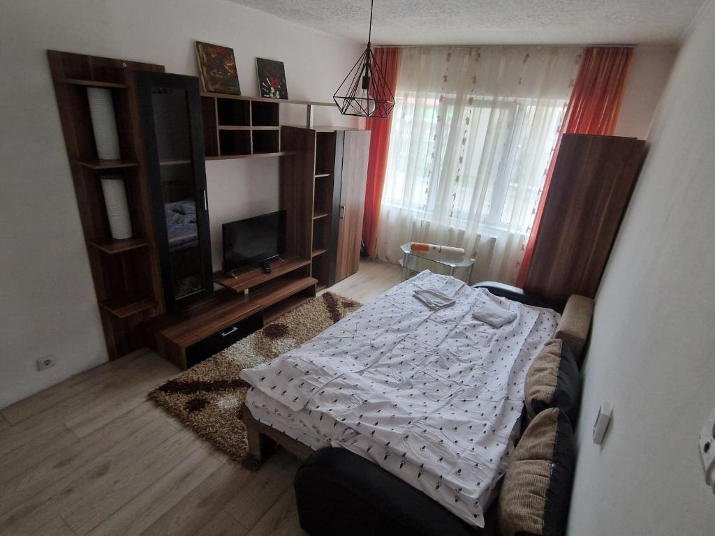 ein kleines Schlafzimmer mit Bett und Fernseher in der Unterkunft Stejarului App in Floreşti