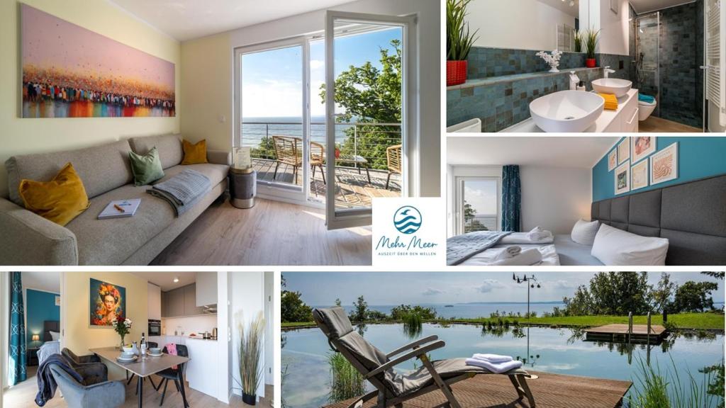 un collage di tre immagini di un soggiorno di Apt MehrMeer DG mit Sauna Pool Fitness a Sassnitz