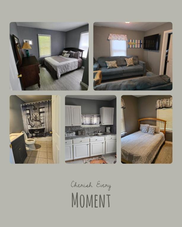 a collage of four pictures of a bedroom at The Honey Bear Cabins in Lincoln Junction