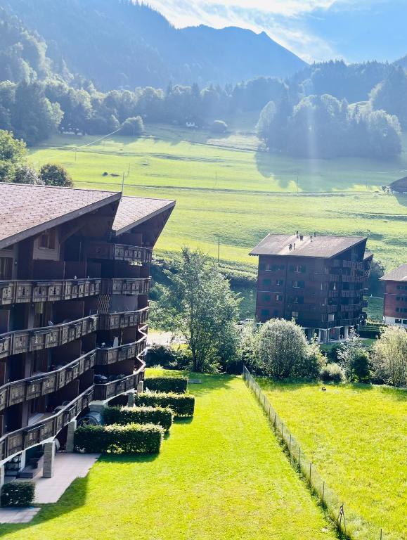 瓦尔·蒂利兹Aparthotel Mountain River Resort的一栋带有草坪的建筑物，旁边还有两栋建筑物