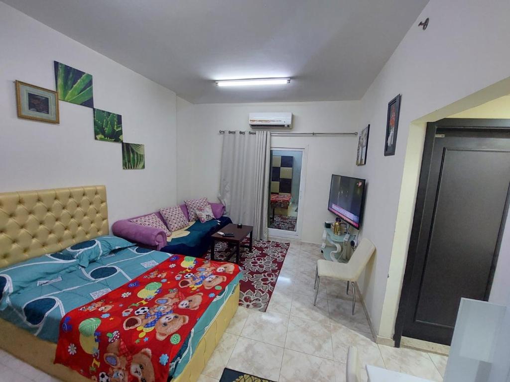 a bedroom with a bed and a couch and a tv at Al Mohairi Tower-Cool Place for ur Stay-Well Furnished Studio in Ajman 