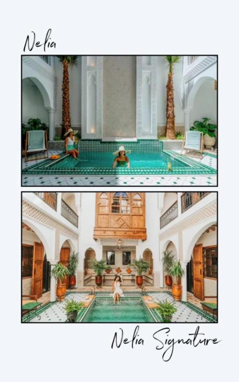 Eine Collage von zwei Bildern einer Frau in einem Schwimmbad. in der Unterkunft Nelia Marrakech, Riad Collection in Marrakesch