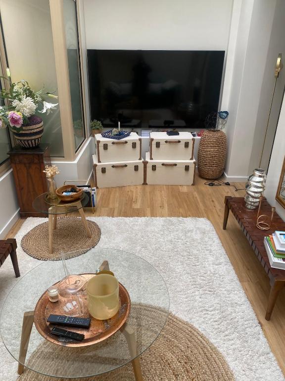 un salon avec une grande télévision à écran plat dans l'établissement Paris confort, à Paris