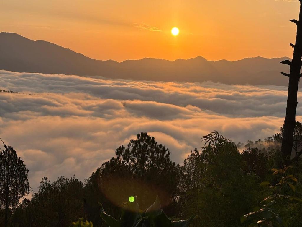 una vista del sol saliendo sobre un mar de nubes en Aman Homestay, en Saur
