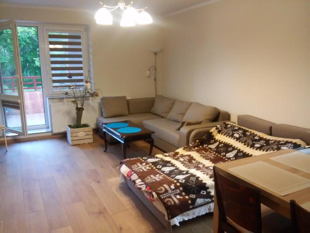 a living room with a couch and a bed at Apartament Marta in Polanica-Zdrój
