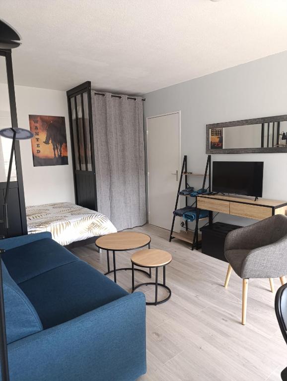 un salon avec un canapé et une table dans l'établissement Bordeaux appartement avec belles prestations - balcon - parking, à Bordeaux