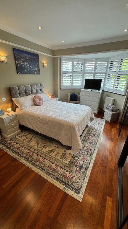 伦敦Stunning double bedroom Greenwich London with private bathroom的卧室里有一张床和一台电视机