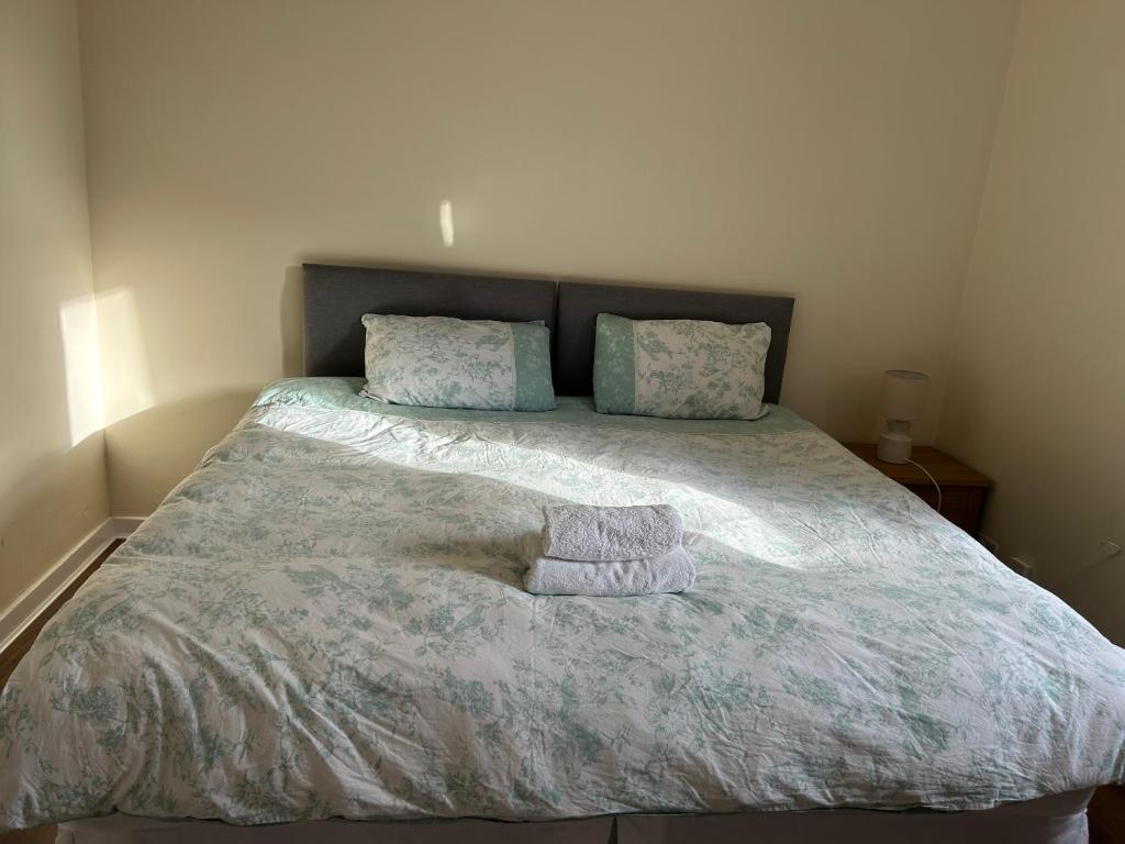 Un dormitorio con una cama grande con dos almohadas. en Spacious room close to tram, en Edimburgo