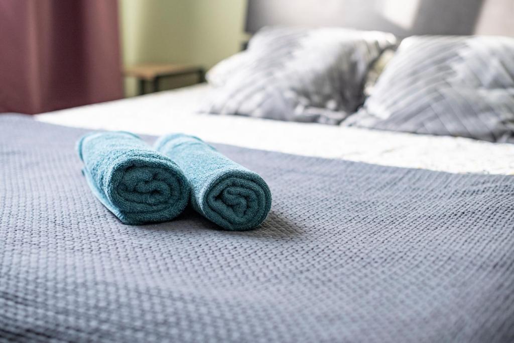 a pair of towels sitting on top of a bed at Fanta flat France Suisse in Saint-Louis