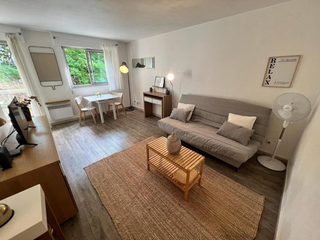 un salon avec un canapé et une table dans l'établissement Charmant Studio avec Piscine à Nice, à Nice