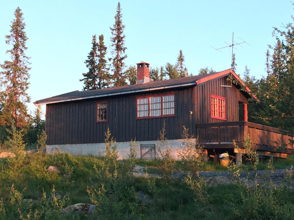 ein großes Holzhaus mit roten Fenstern in einem Wald in der Unterkunft Koselig, lita hytte på Aurdalsåsen ved Danebu in Aurdal