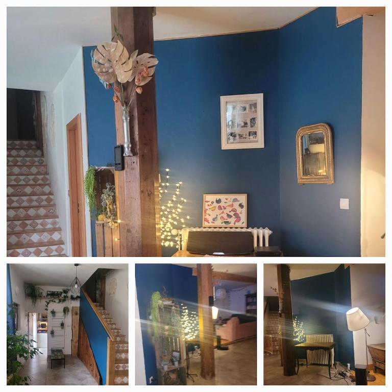 deux photos d'une pièce avec un mur bleu dans l'établissement Maison au bout du monde, à Barby