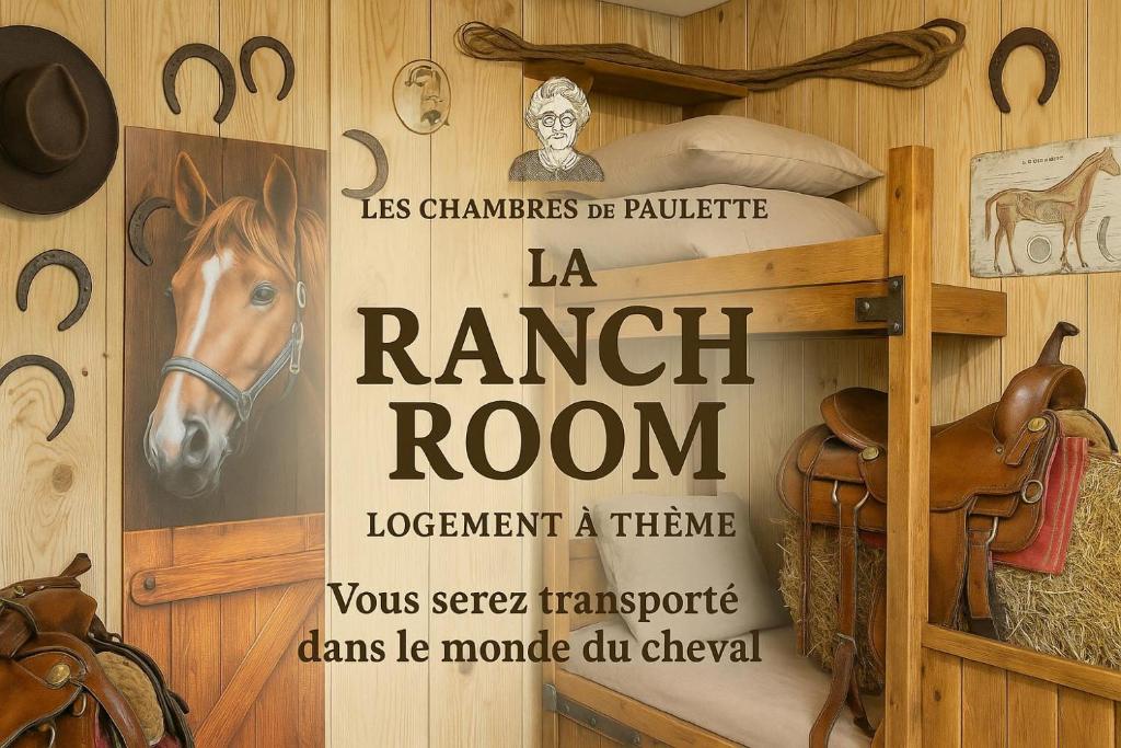 a book about a ranch room with a horse on a wall at Les Chambres de Paulette à Thème LE RANCH in Sainte-Marie-la-Mer