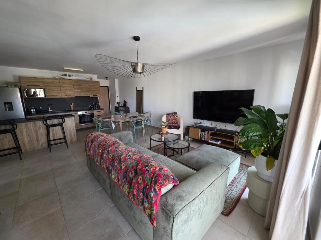 un salon avec un canapé et une télévision à écran plat dans l'établissement 2 chambres appartements 5 minutes des plages, à Vescovato