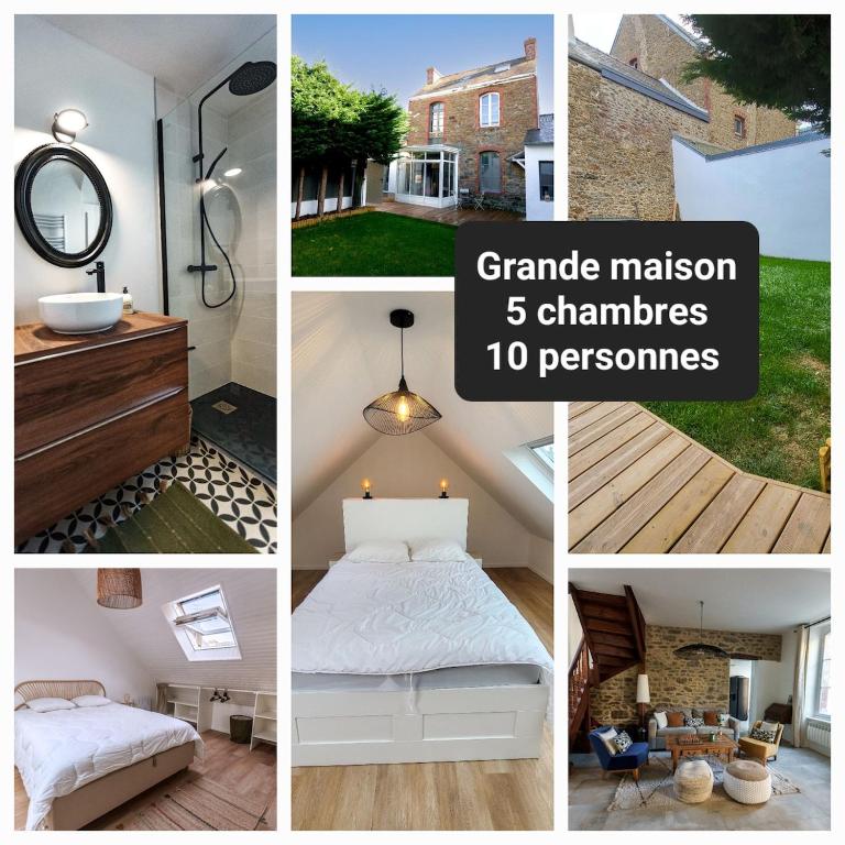 un collage de photos d'une chambre et d'une salle de bains dans l'établissement Maison rénovée centre Dinard 10 pers, à Dinard