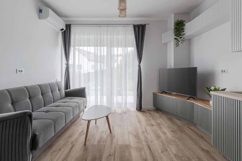 ein Wohnzimmer mit Sofa und Fernseher in der Unterkunft Up Above at Waterview Collection in Oradea