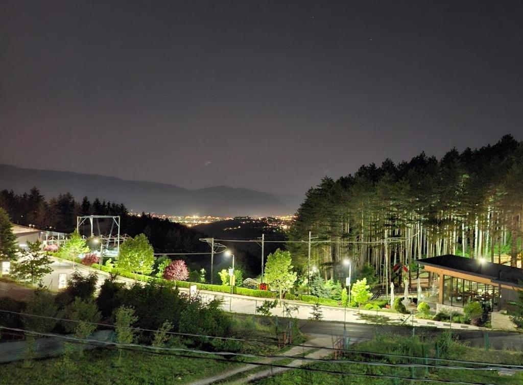Una vista nocturna de un parque con árboles y luces en Zlatište, en Sarajevo