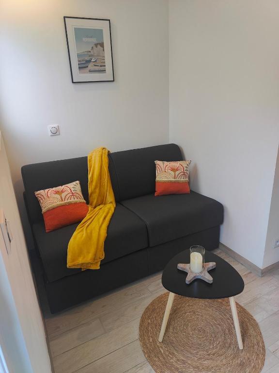 un salon avec un canapé noir et une table dans l'établissement Studio cosy entre terre et mer, à Jullouville