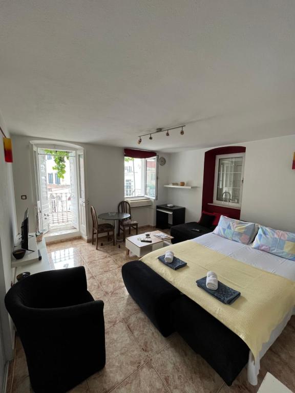 a bedroom with a large bed and a living room at Hidden Gem Studio Apartment in Herceg-Novi