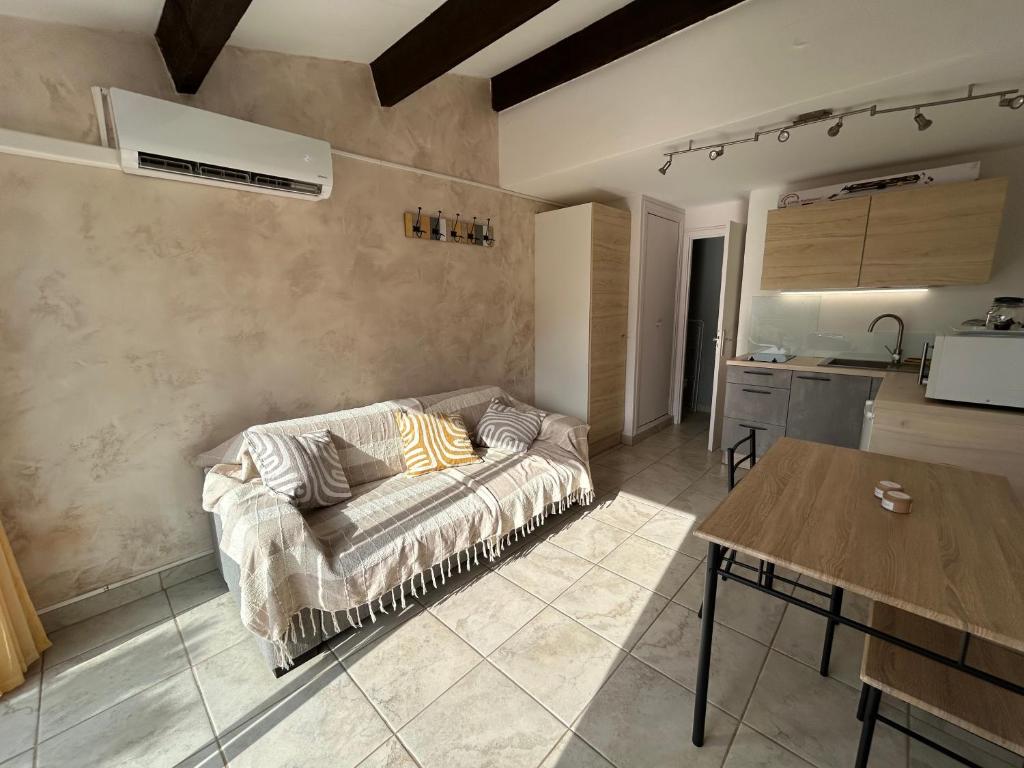 un salon avec un canapé et une table dans l'établissement Cap D Agde Roquille Clim 2 pers bord de mer, au Cap d'Agde