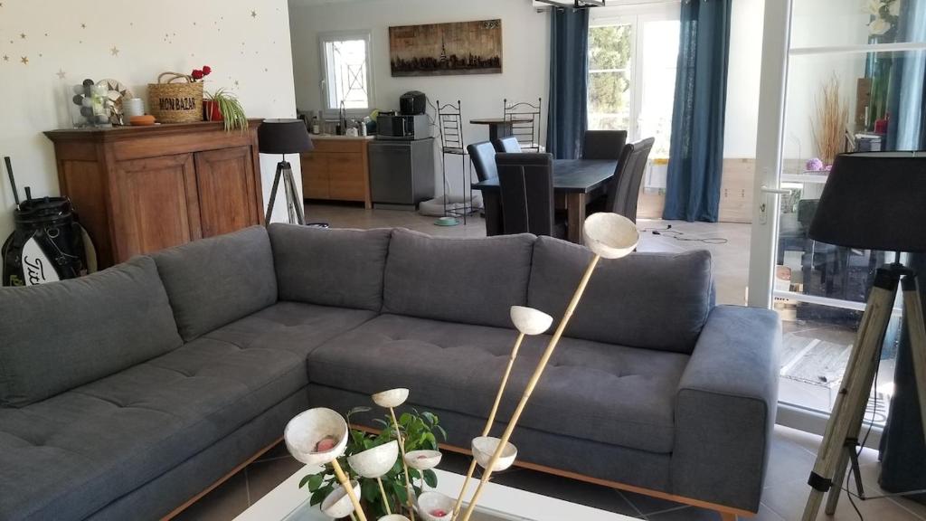 un salon avec un canapé et une table dans l'établissement Bastide avec jardin arboré, piscine, proche plages, à Cournonsec