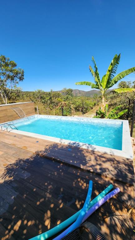 a blue swimming pool with a palm tree in the background at Canto da Coruja - ECOHOSPEDAGEM in Sao Jorge