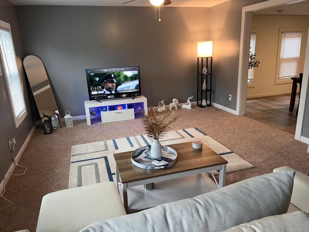 een woonkamer met een bank en een tv bij Finger Lakes Apartment in Hornell