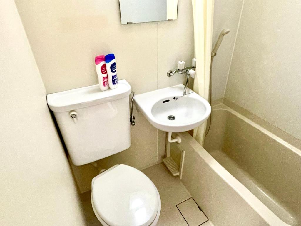 a small bathroom with a toilet and a sink at Shinjuku West Chuo Park Ss House in Tokyo