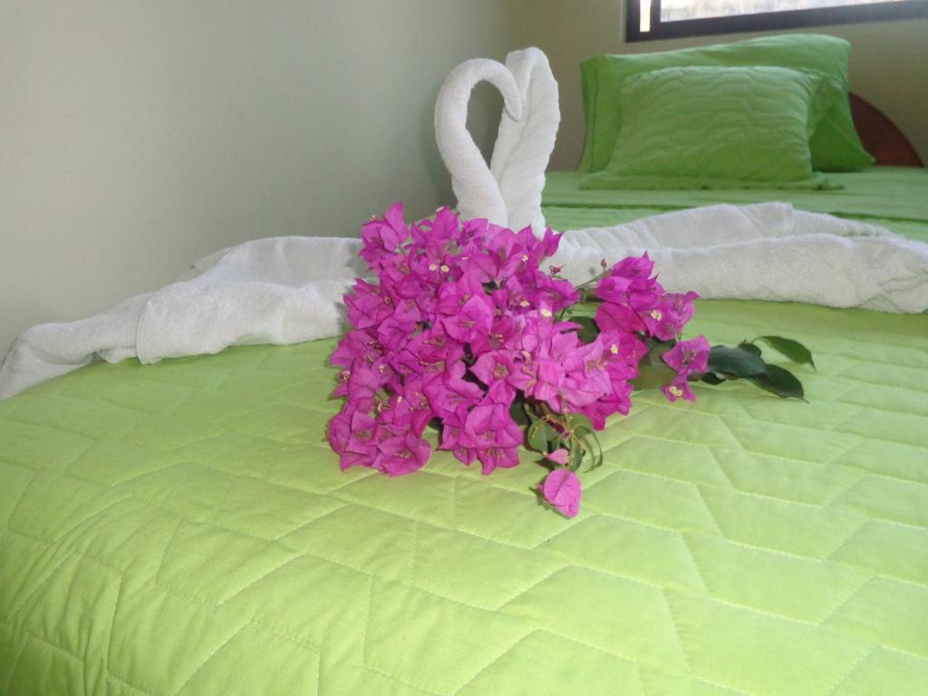 a bouquet of pink flowers on a bed at Hostal Casa Cascada in Puerto Ayora