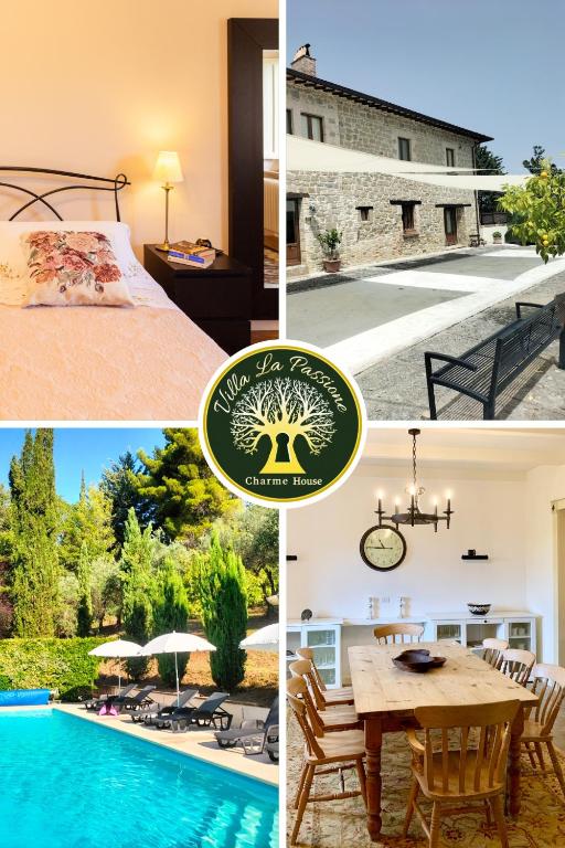 a collage of pictures of a house and a pool at Villa La Passione Charme House in Venarotta