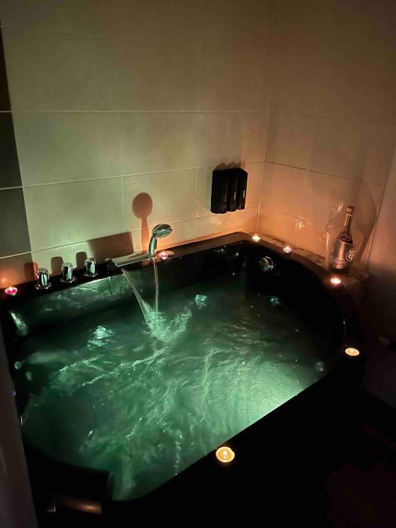 La salle de bains est pourvue d'une baignoire verte avec un robinet. dans l'établissement Balnéo Jardins d'Eloïse à Toulouse, à Toulouse