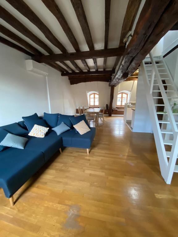 - un salon avec un canapé bleu et du parquet dans l'établissement Appartement coeur de Beaune, à Beaune