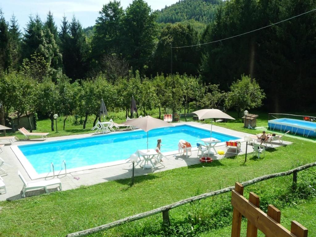 una piscina en un jardín con gente sentada a su alrededor en Agriturismo La Palazzina, en Castelnuovo di Garfagnana