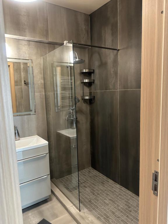 eine Dusche mit Glastür im Badezimmer in der Unterkunft Zev-S10 in Mamaia Nord – Năvodari