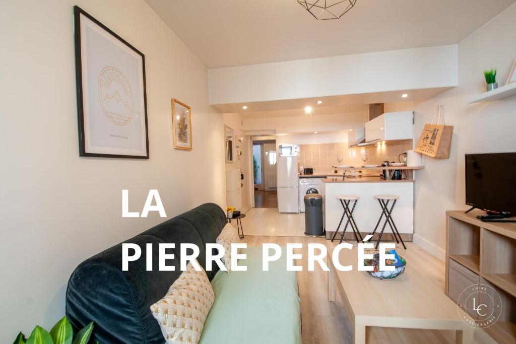 un salon avec un canapé et une cuisine dans l'établissement La Pierre Percée - Hypercentre - 36 m2, à Orléans