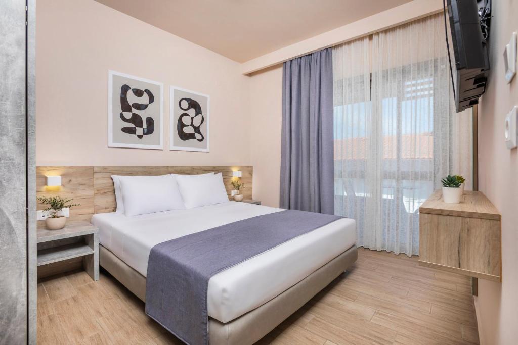 pokój hotelowy z łóżkiem i telewizorem w obiekcie Hotel Vozina w mieście Metamorfosi