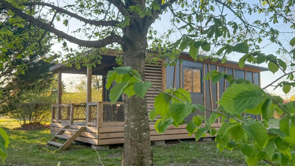une cabane dans les bois avec un arbre dans l'établissement Camping Onlycamp le Champ d'été, à Reyssouze