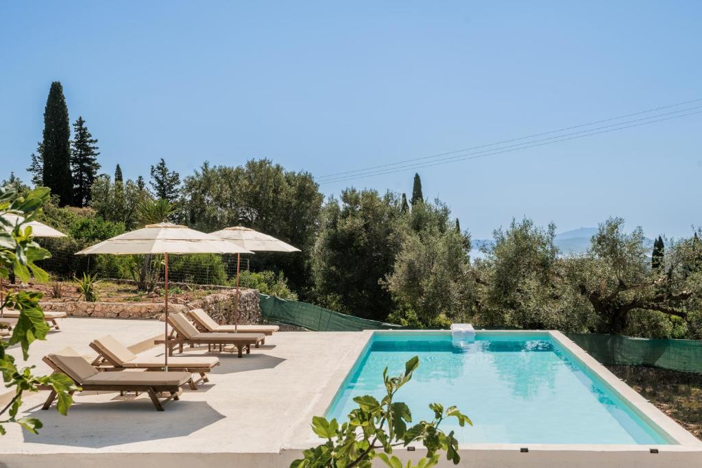 a pool with chairs and umbrellas in a backyard at Askos Suites in Agios Nikolaos