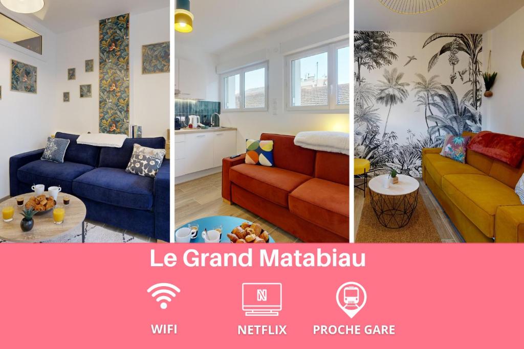 un collage de trois photos d'un salon dans l'établissement Le Grand Matabiau, à Toulouse