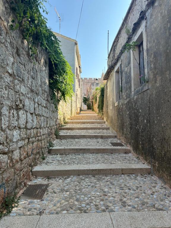 an alley with stone steps between two buildings at Apartments Renato in Vrboska