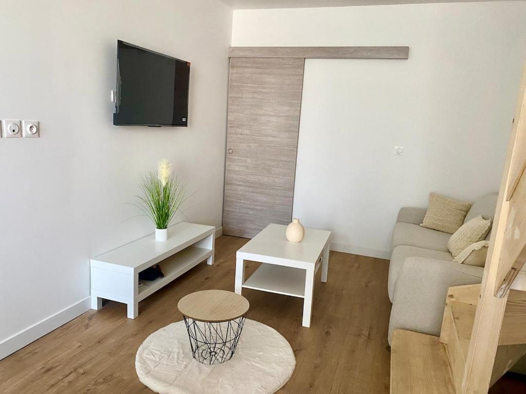 a living room with a couch and a tv at Duplex cosy - à 100 m de la gare - lumineux & confortable in Châtellerault