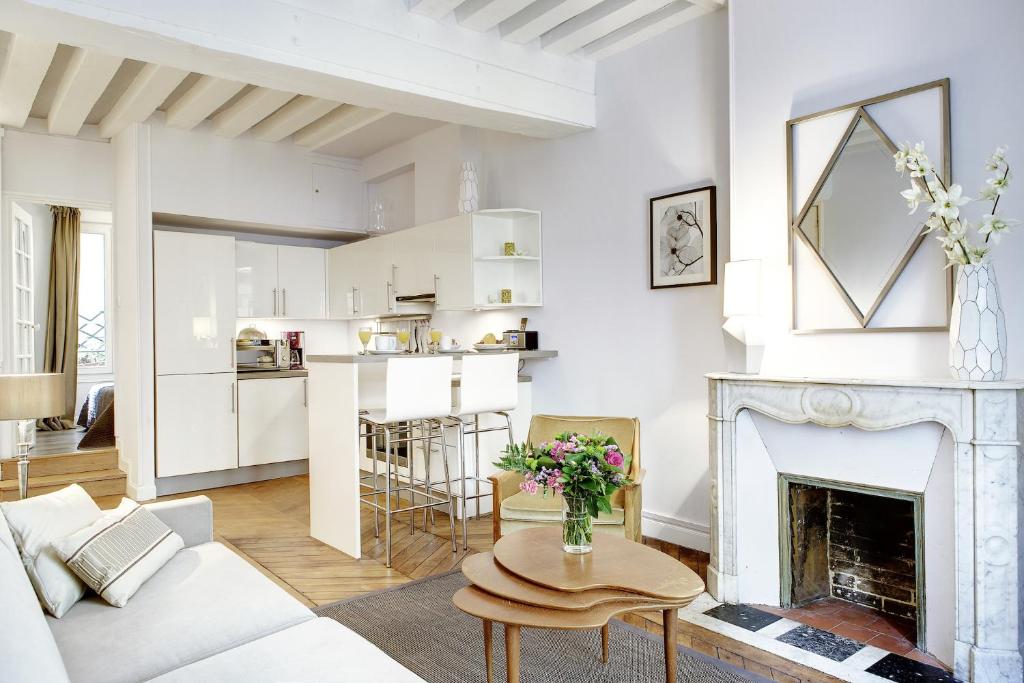 - un salon avec une cheminée et un canapé blanc dans l'établissement Paris Marais Design residence, à Paris
