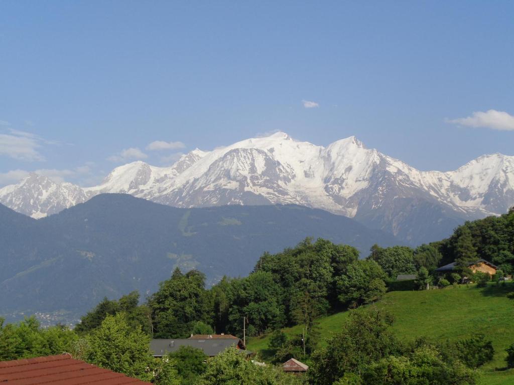 une chaîne de montagnes avec des montagnes enneigées au loin dans l'établissement Gite Le sommet, à Sallanches